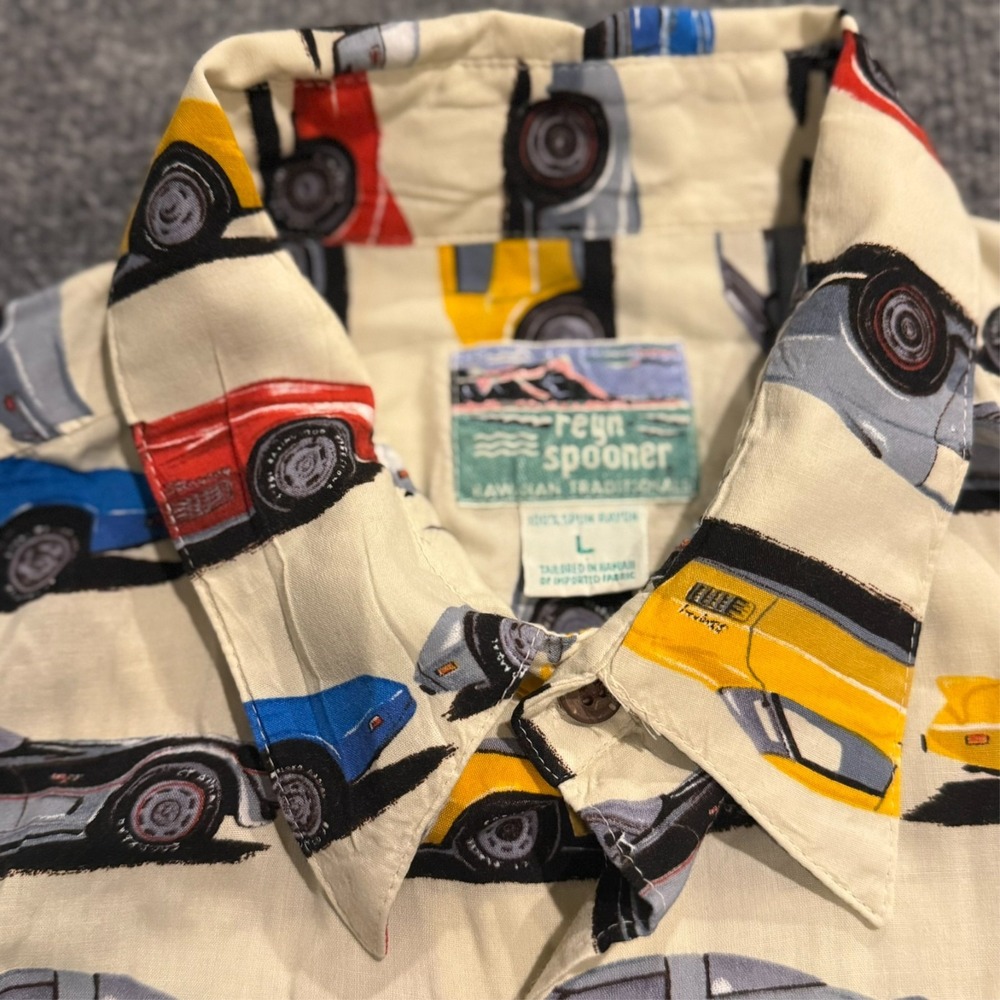 Vtg Reyn Spooner Corvette Hawaiian Shirt Rayon All Over Print Mens Large - Picture 2 of 6